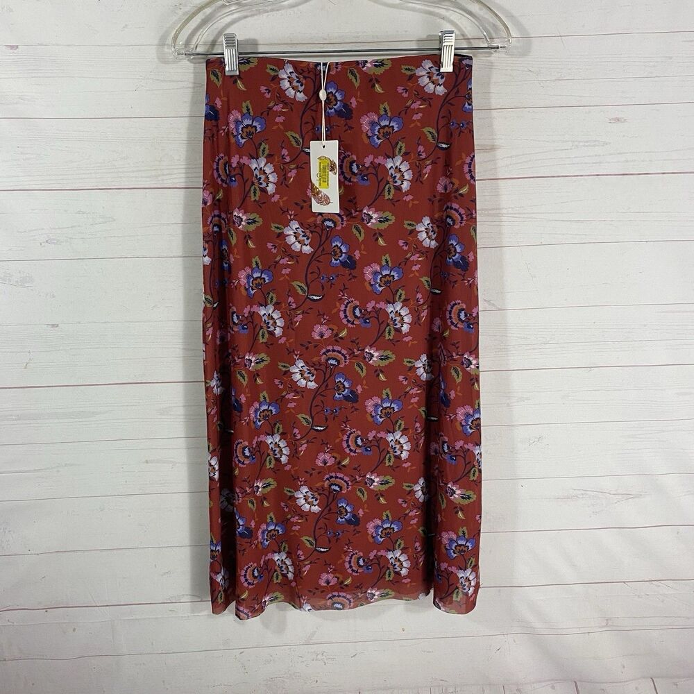 Chelsea & Violet Womens Midi Skirt Sz Small Red Floral Lined Pull On New